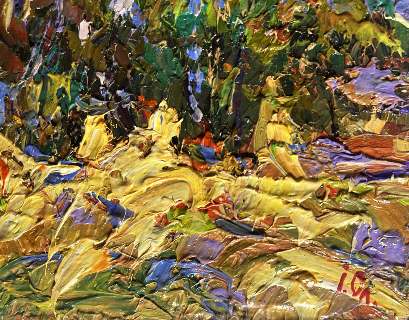 Vibrant impressionist oil painting of corn fields in village by Oleksiy Ivanyuk