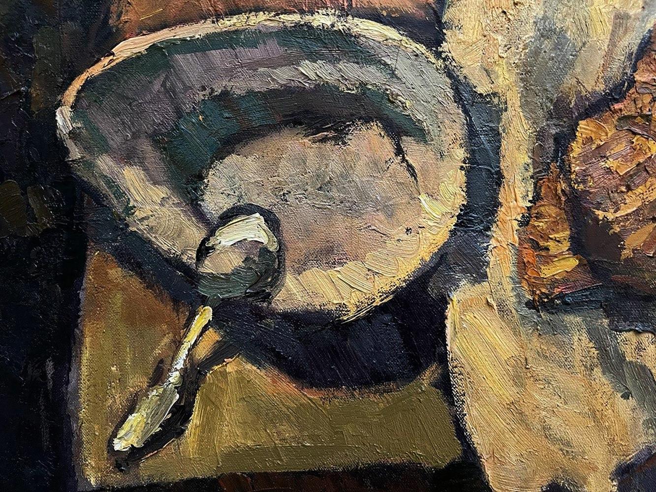Oil painting Evening Still Life by Oleksandr Andreev: textured gray bowl with spoon