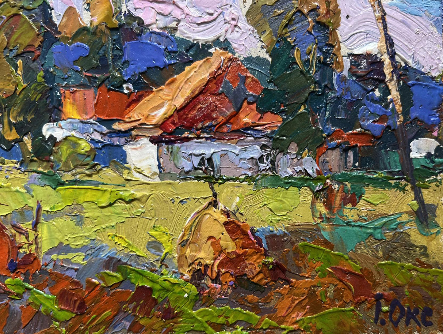 Oil painting of quiet village street by Oksana Ivanyuk with orange roof