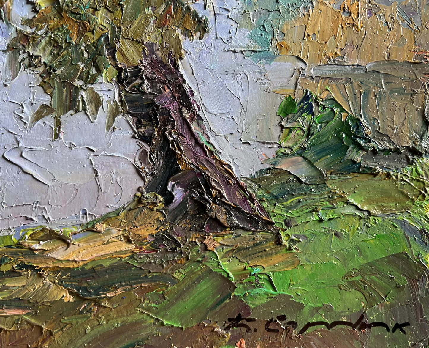 Textured oil painting of rugged tree trunk by Boris Serdyuk