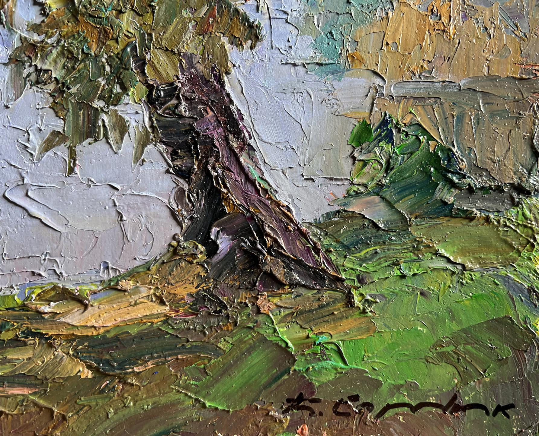 Textured oil painting of rugged tree trunk by Boris Serdyuk
