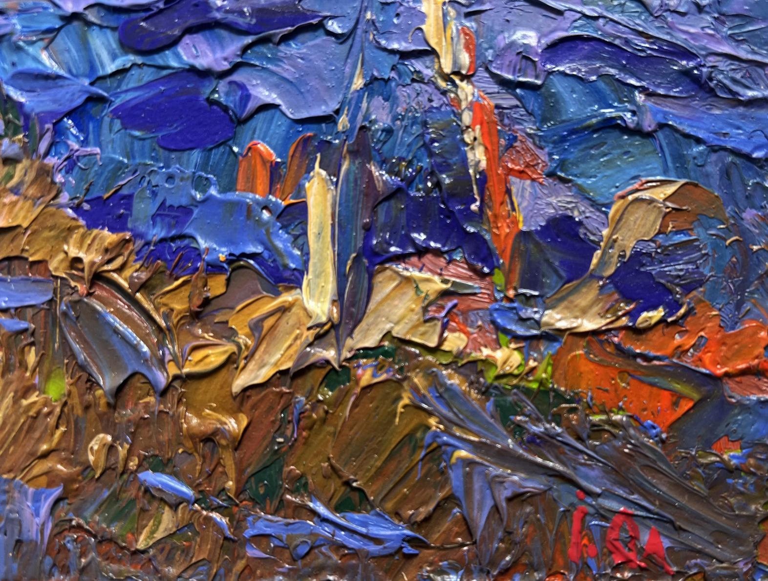 Oil painting Dusk fell on the field by Oleksiy Ivanyuk textured with blue orange brown