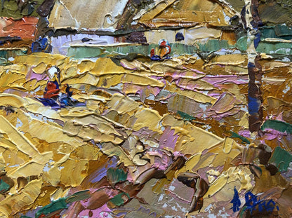 Oil painting The path leading home by Oksana Ivanyuk with textured gold hues