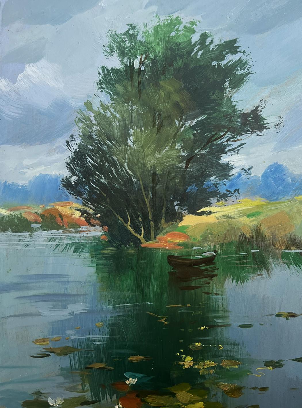 Oil painting of fishing by lonely tree in lake by Yuriy Suprunchuk