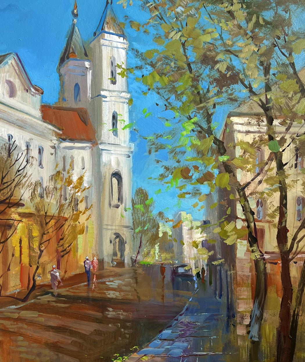 Oil painting Autumn City Symphony by Yuriy Suprunchuk: church with spire