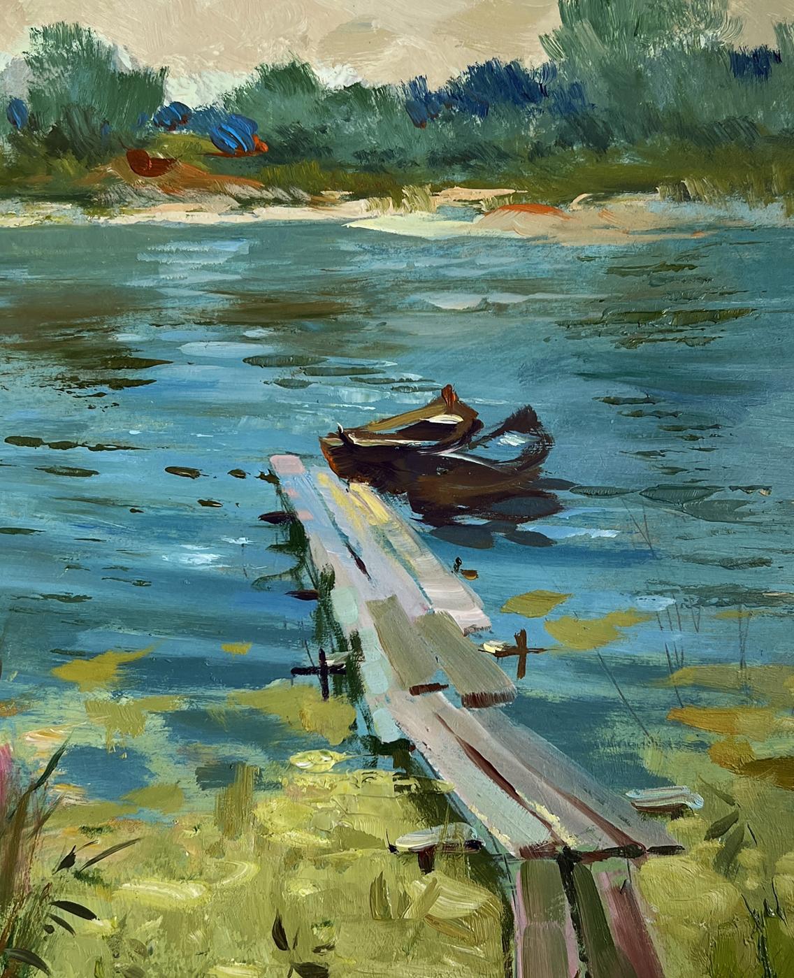 Oil painting of weathered dock with rowboats at rest by river by Yuriy Suprunchuk