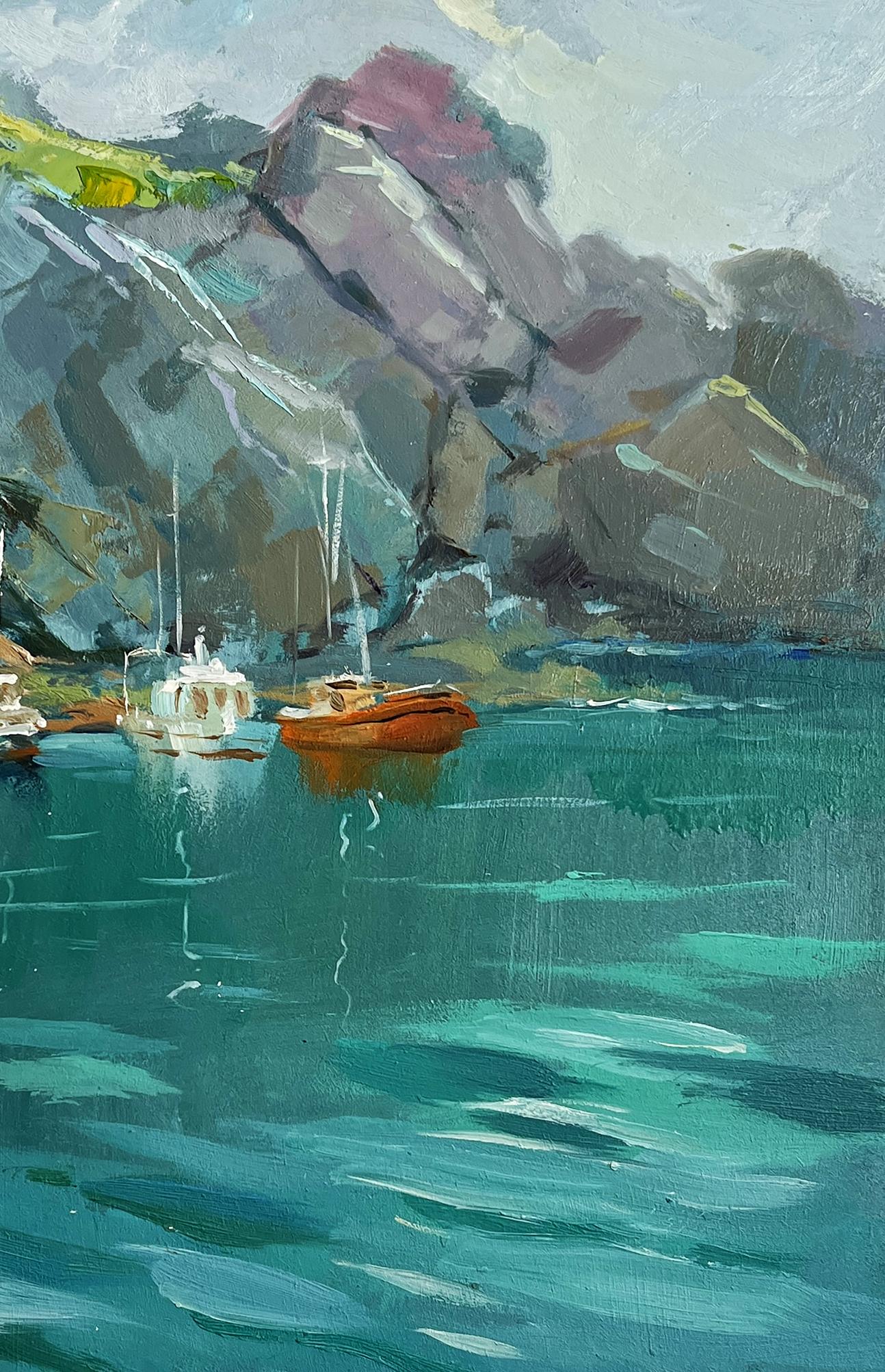 Oil painting of orange sailboat on turquoise sea by rocky cliffs by Yuriy Suprunchuk