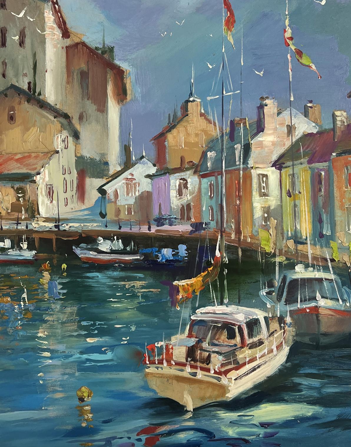 Oil painting of Yuriy Suprunchuk yachts Venice harbor sailboat with flags