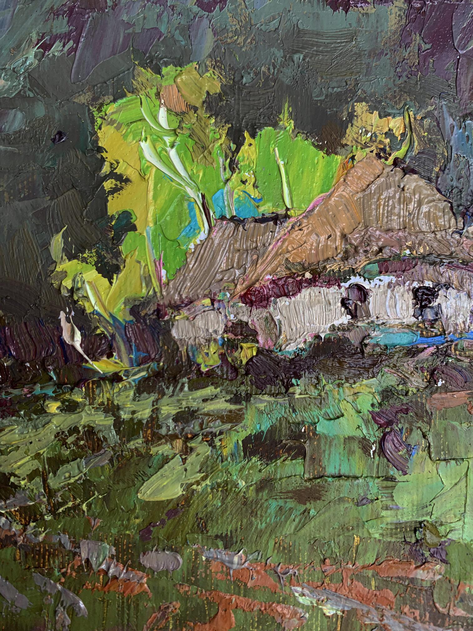 Oil painting Before the Storm by Oksana Ivanyuk: rustic thatched cottage in foliage