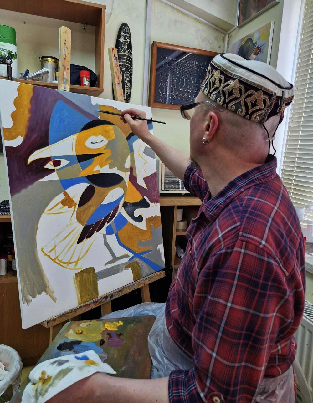 Vibrant abstract oil painting Colors of Intention by Sergiy Voichenko, stylized bird in orange, blue, black