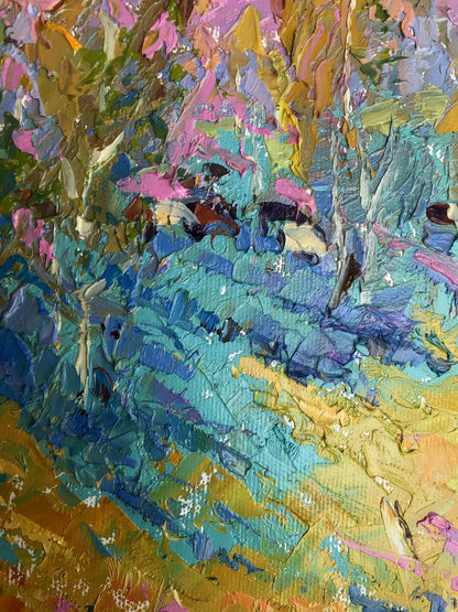 Vibrant oil painting Near young poplars by Oleksiy Ivanyuk with bold textured strokes