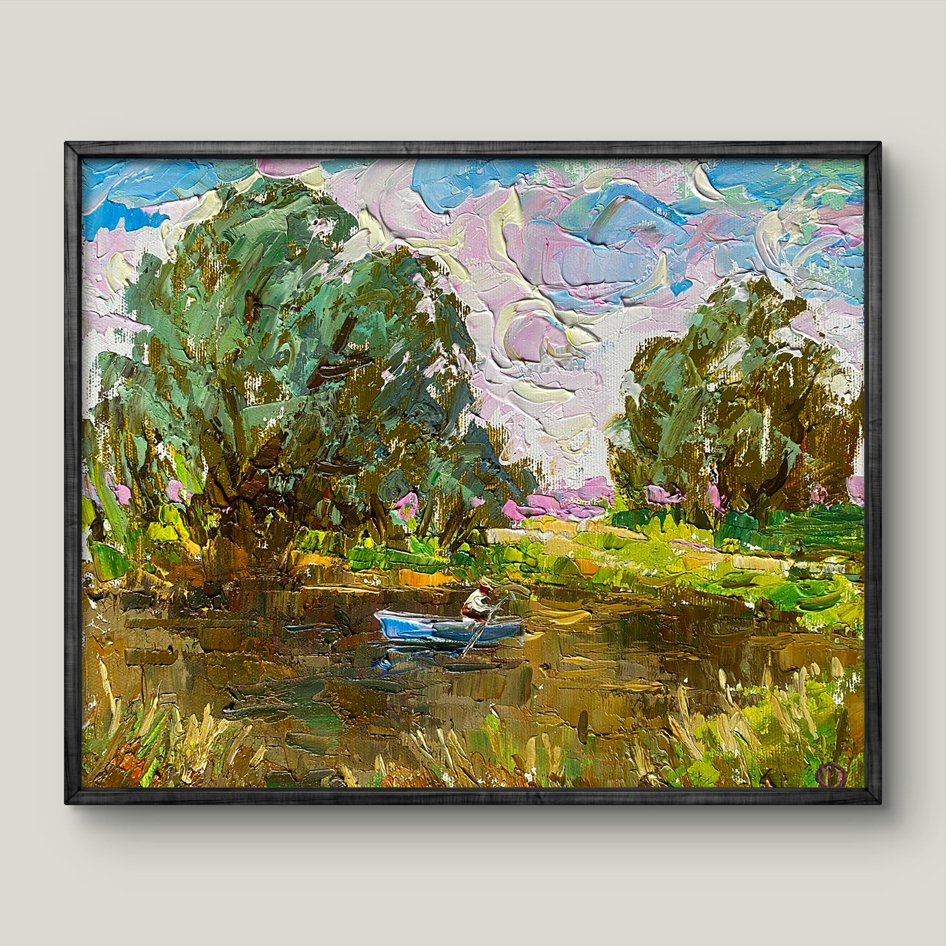 Oil painting Under the Willows by Alex Ivanyuk: blue rowboat and lush trees