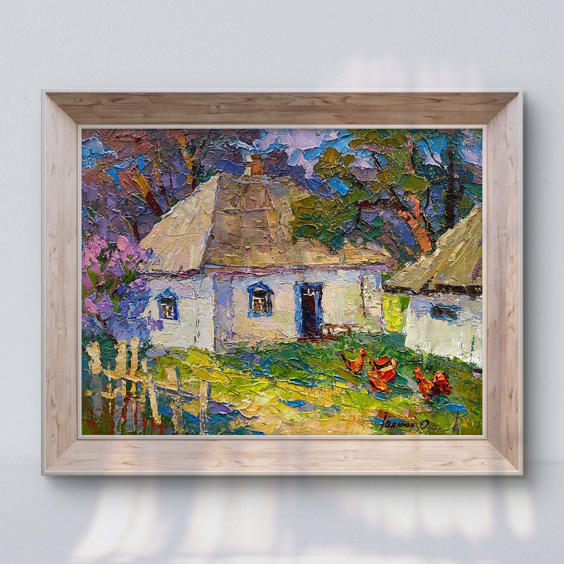 Framed Oleksiy Ivanyuk oil painting of white cottage with chickens