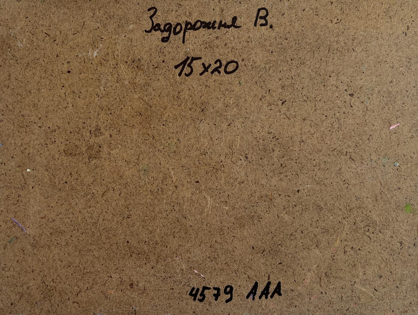 Back of Oil painting Summer silence with sunset V. Zadorozhnya, brown cardboard with handwritten inscription