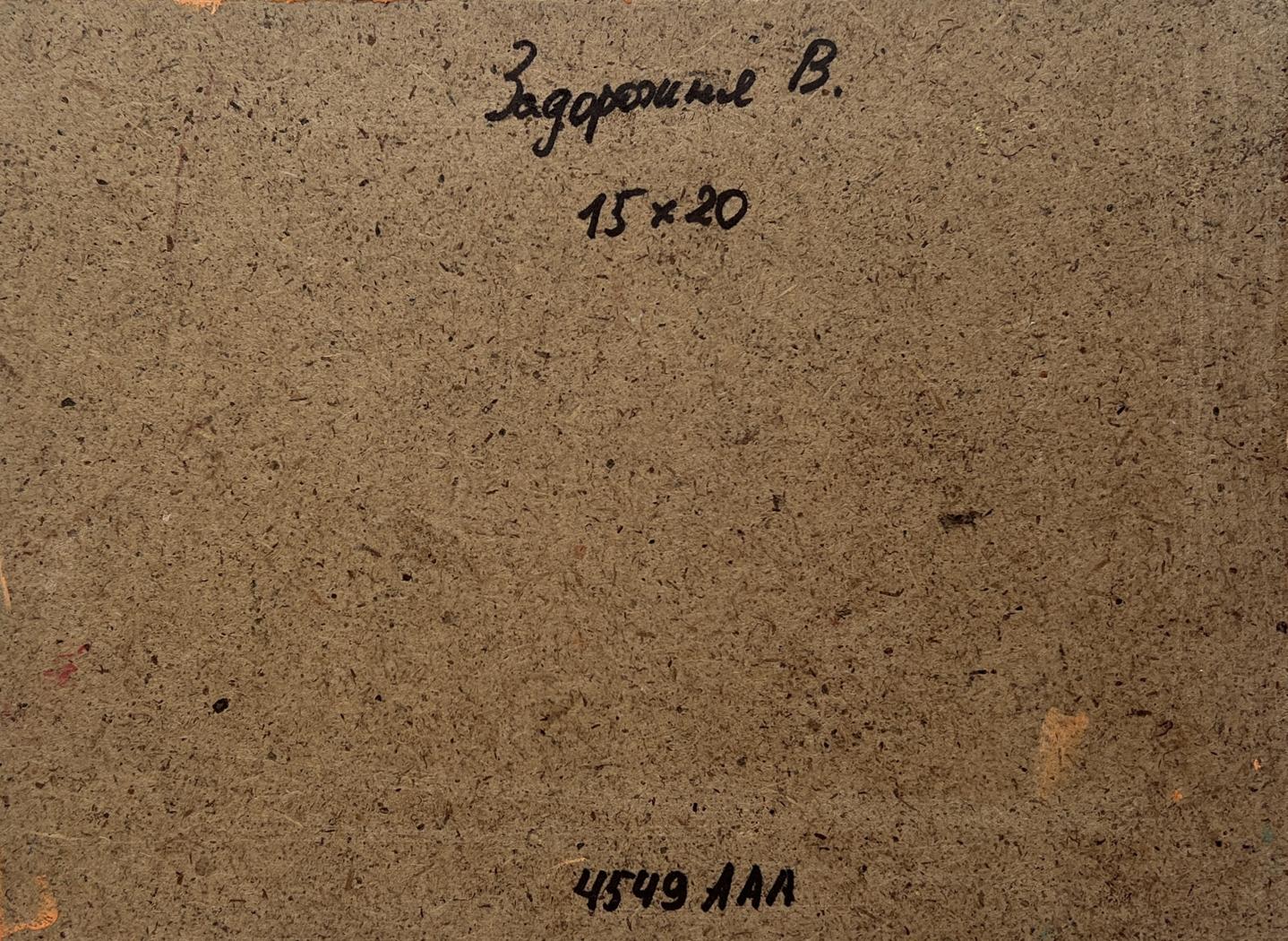 Back of oil painting Fiery sunset over the mountain V. Zadorozhnya with brown textured canvas, handwritten inscription and numerical markings