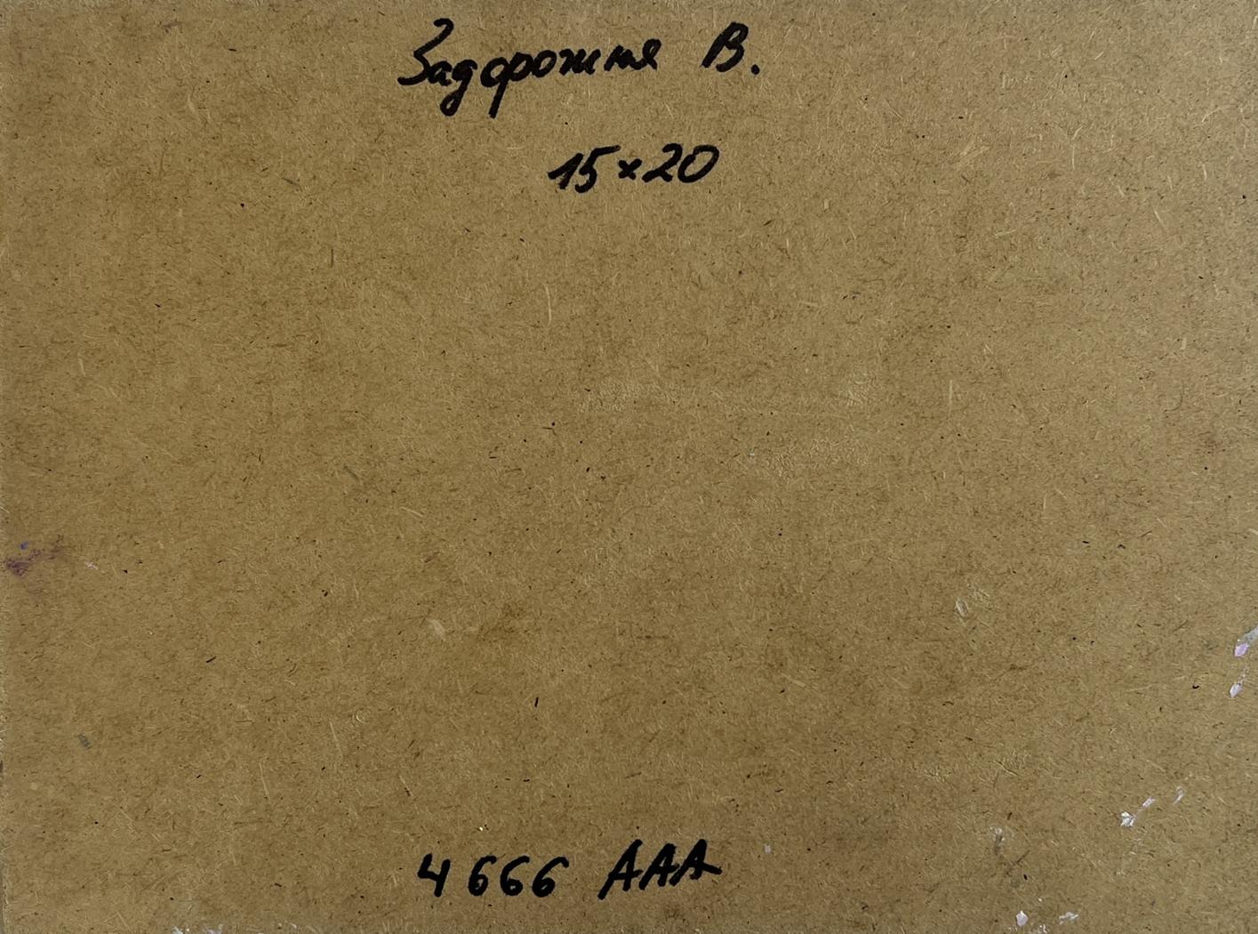 Back of V. Zadorozhnya oil painting Evening is approaching in the mountains with brown textured cardboard handwritten inscription and numerical markings