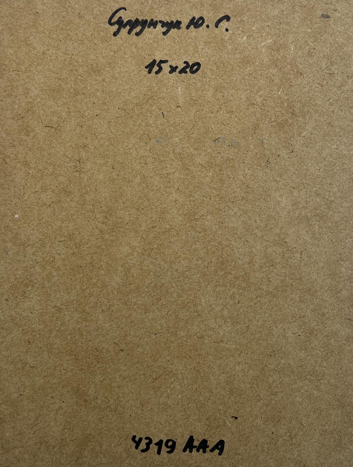 Back of Yuriy Suprunchuk oil painting Fallen leaves in autumn park with brown textured cardboard and handwritten markings