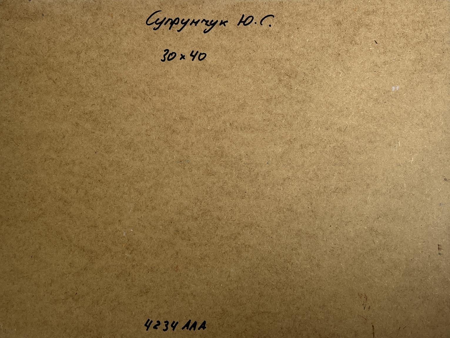 Back of Yuriy Suprunchuk oil painting with Cyrillic label and measurements on brown cardboard