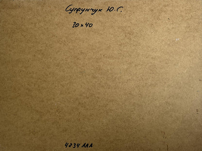 Back of Yuriy Suprunchuk oil painting with Cyrillic label and measurements on brown cardboard