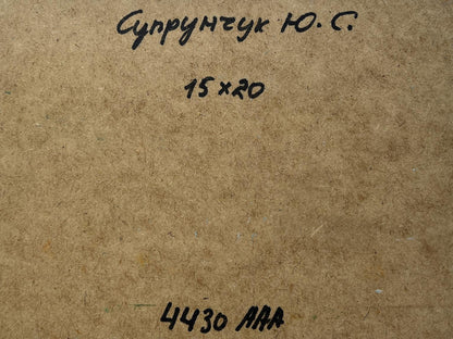 Back of Yuriy Suprunchuk oil painting with Cyrillic text and measurements on brown cardboard