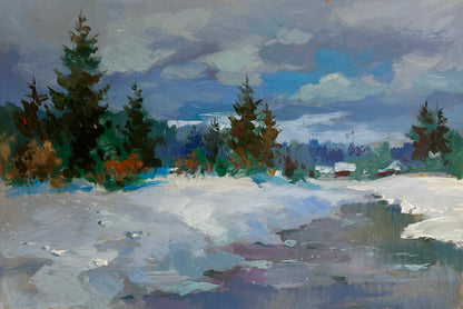 Serene winter landscape by Yuriy Suprunchuk, snow evergreens houses cloudy sky