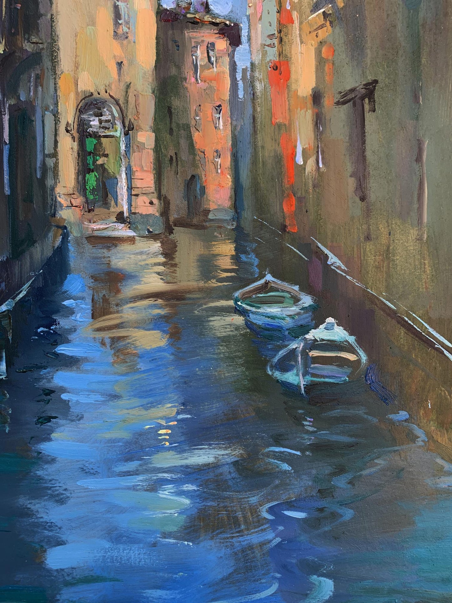 Oil painting of two light blue boats in narrow canal by Yuriy Suprunchuk