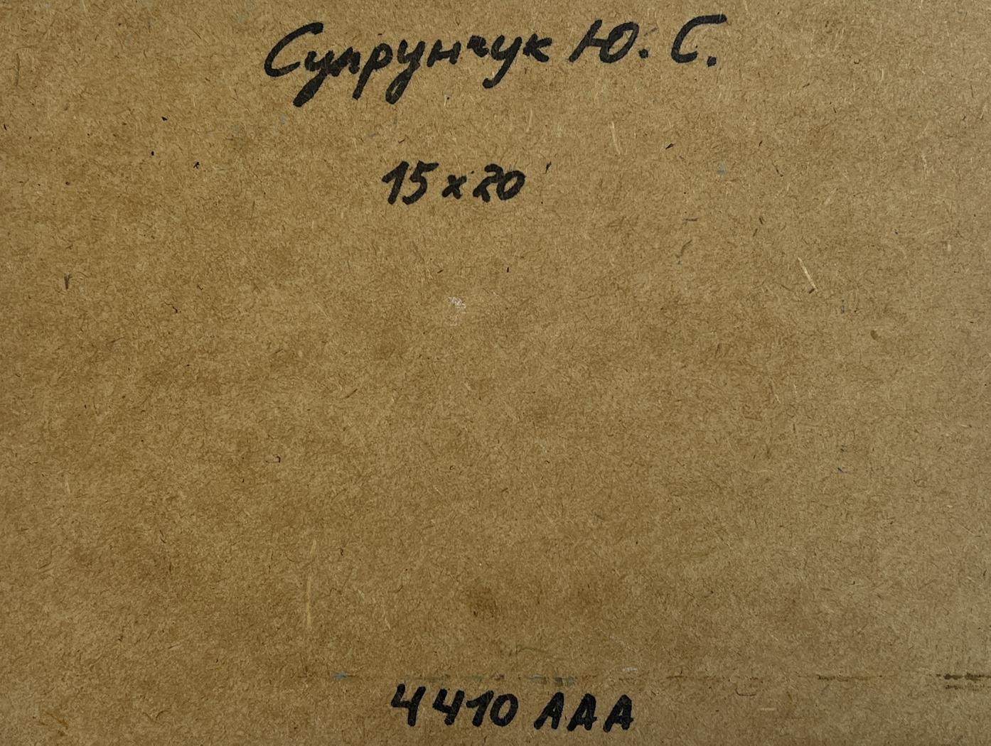 Back of Yuriy Suprunchuk oil painting The flow of time and nature with handwritten inscription and measurements on brown cardboard
