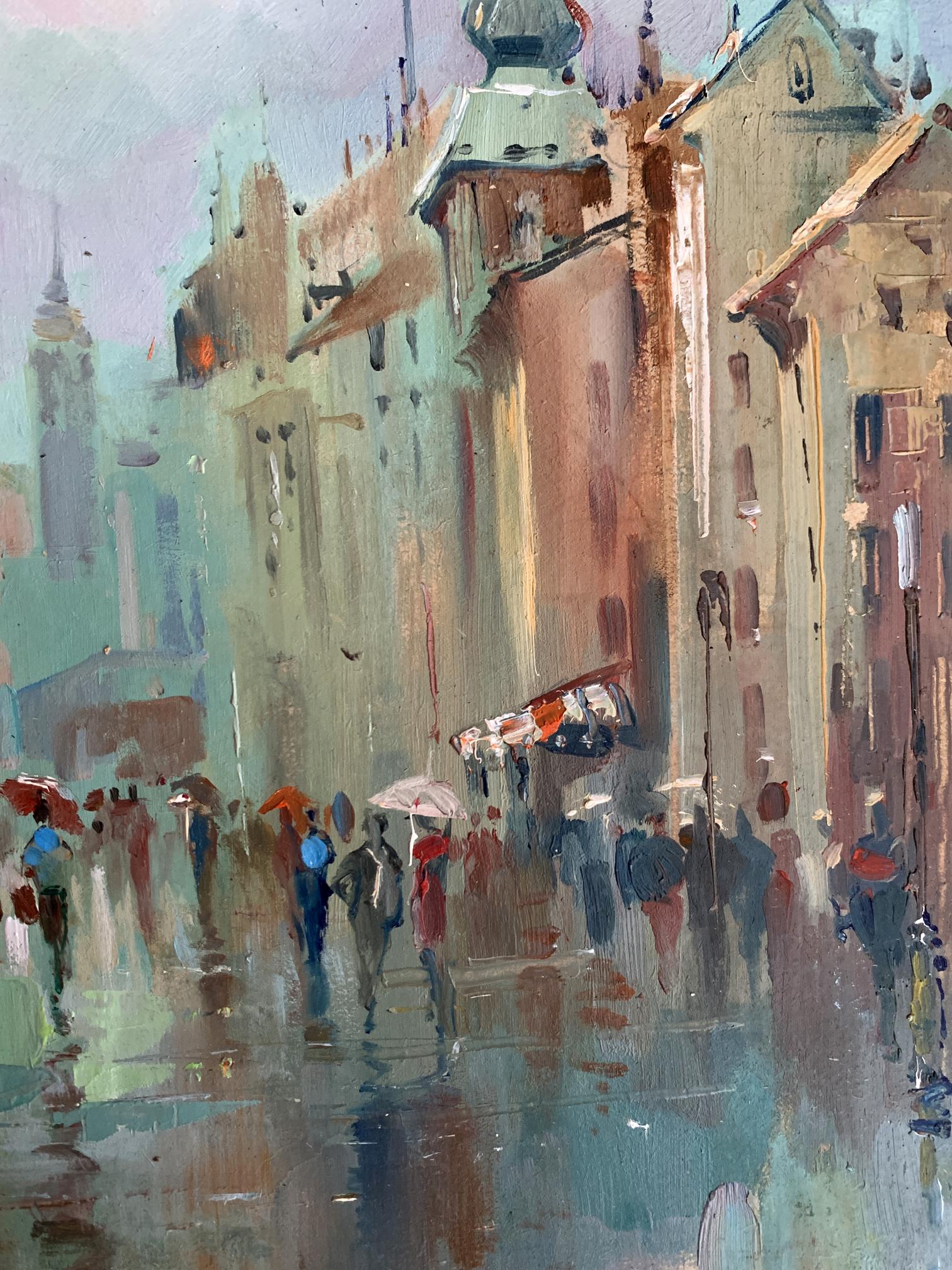 Vibrant impressionist oil painting of rainy urban street by Yuriy Suprunchuk