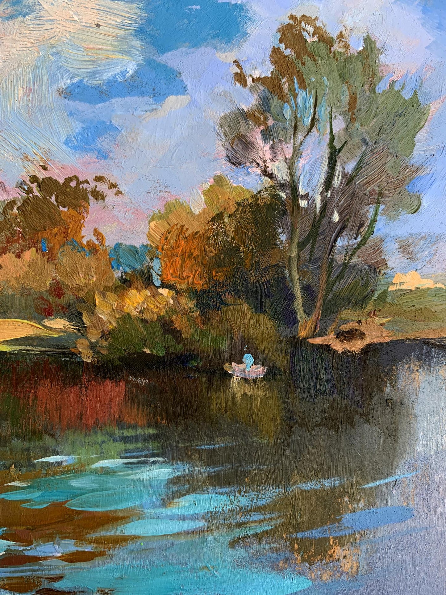 Serene oil painting Preparing for fishing by Yuriy Suprunchuk: boat on calm water