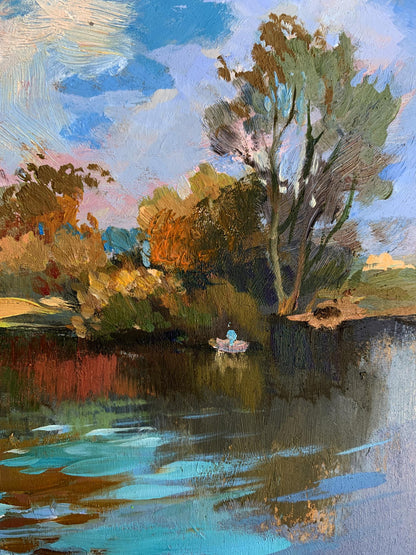Serene oil painting Preparing for fishing by Yuriy Suprunchuk: boat on calm water