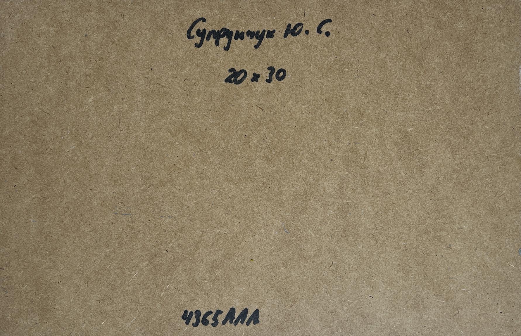 Back of Yuriy Suprunchuk oil painting Raging sea waves with Cyrillic text