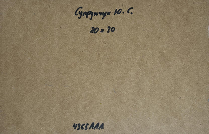 Back of Yuriy Suprunchuk oil painting Raging sea waves with Cyrillic text