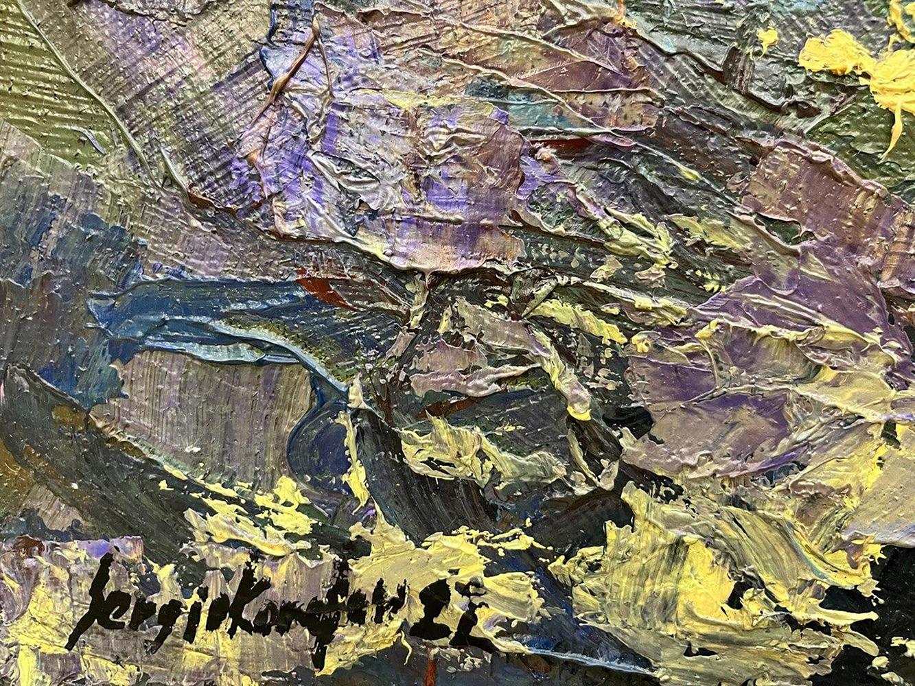 Oil painting Outspread by Serhiy Kovalev with purple yellow blue green impasto strokes