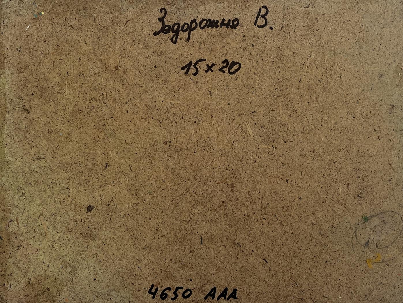 Back of V. Zadorozhnya oil painting with brown cardboard, handwritten marks and stamped numbers