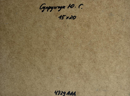 Back of Yuriy Suprunchuk oil painting River in green embrace with Cyrillic text and measurements on brown cardboard
