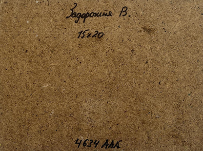 Back of V. Zadorozhnya oil painting Evening walk near the mountains with brown cardboard handwritten inscription
