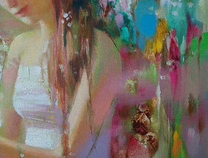 Abstract oil painting Spring Mirage by Anatoly Tarabanov, soft-focus woman in white dress