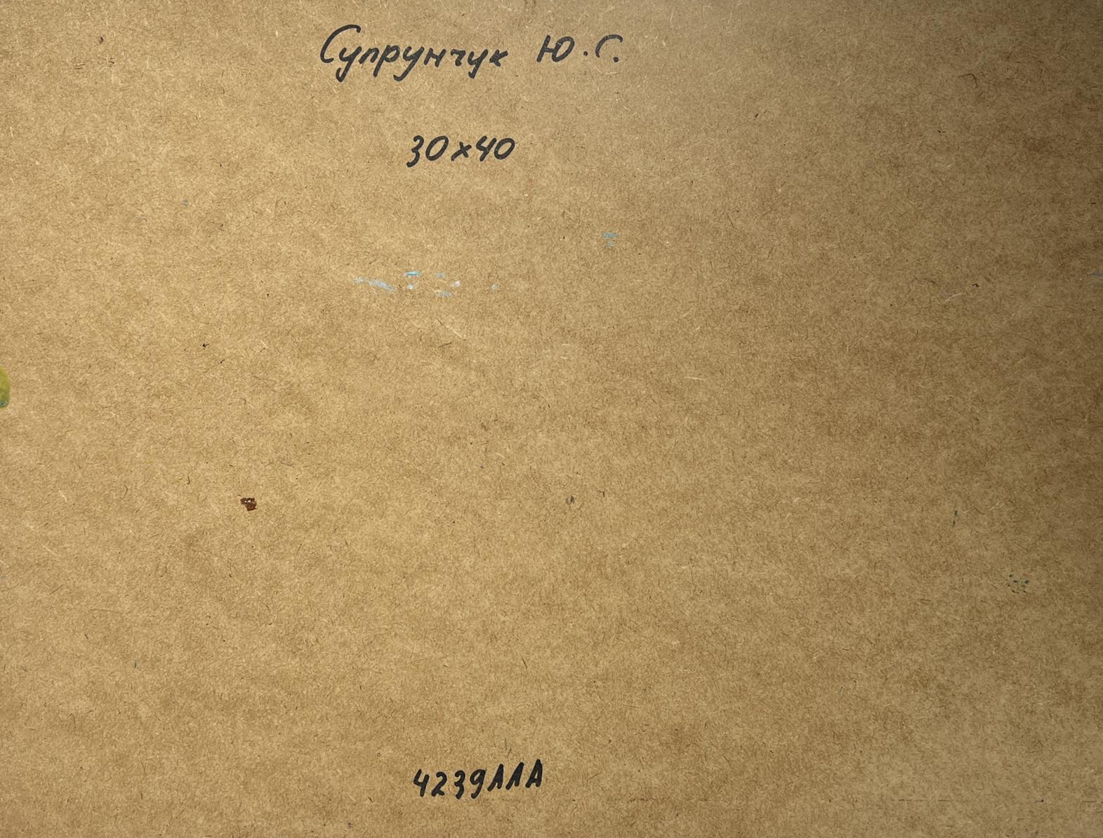 Back of Yuriy Suprunchuk oil painting The Road Leading Home: brown cardboard with Cyrillic text