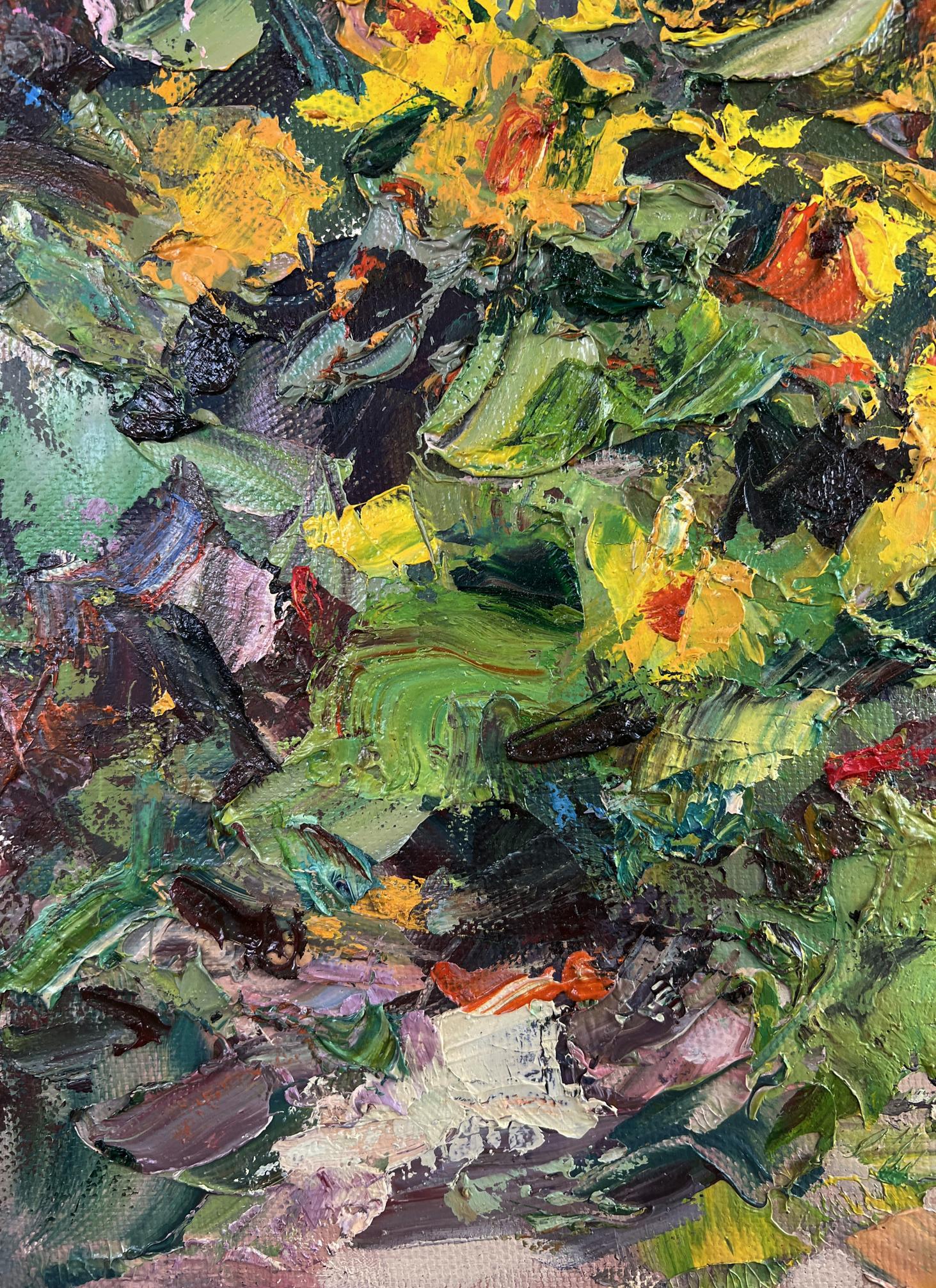 Vibrant impressionist oil painting of yellow flowers by Alexander Cherednichenko