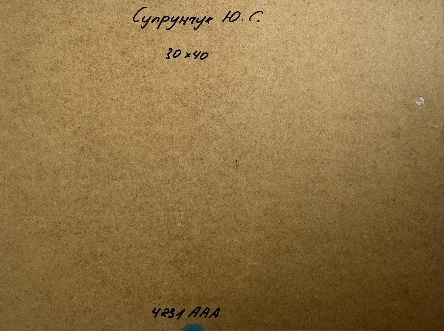 Back of Yuriy Suprunchuk oil painting River near the village with Cyrillic text and measurements on brown cardboard