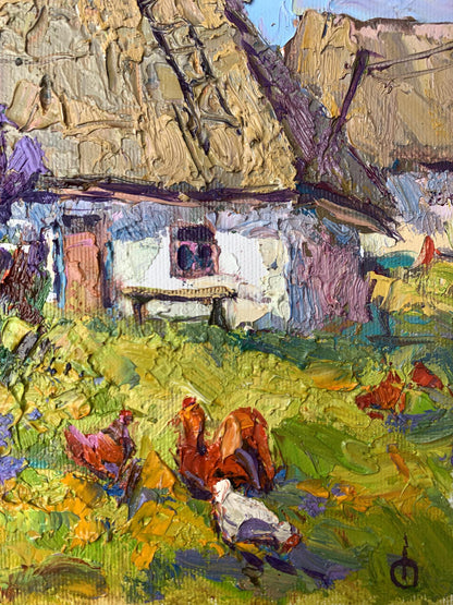Oil painting by Oksana Ivanyuk of chickens grazing by rustic thatched cottage