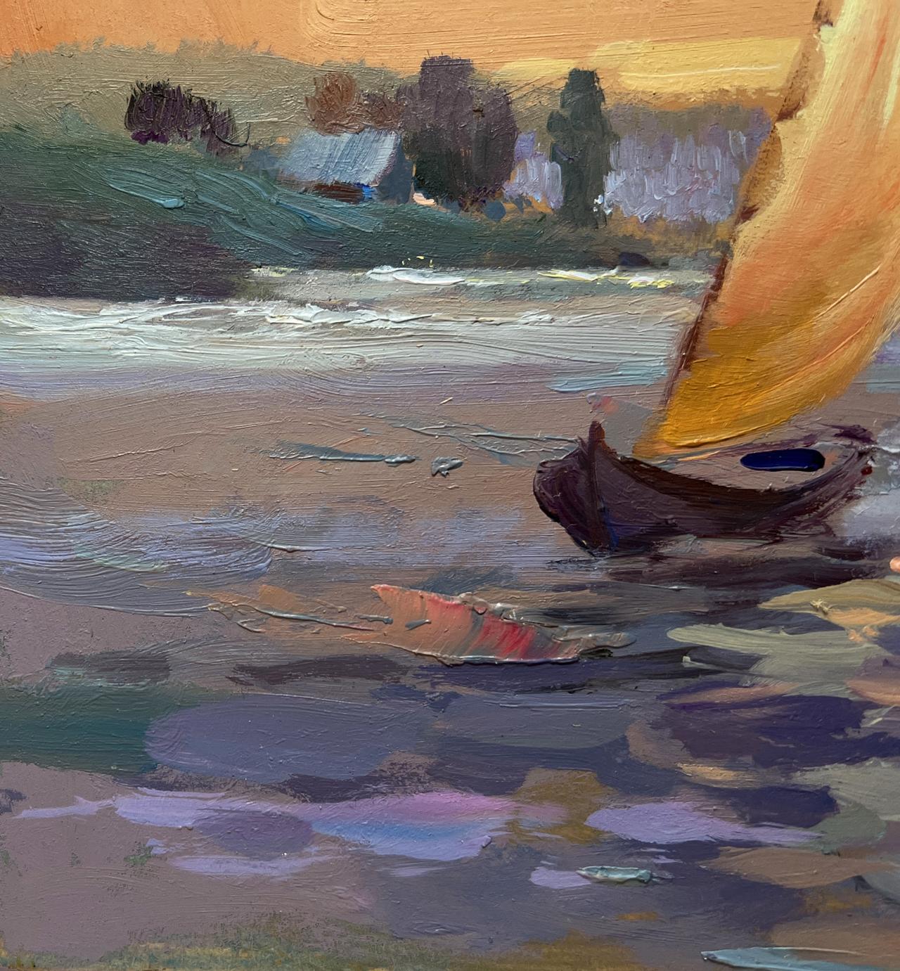 Oil painting of romantic evening swim with sailboat by Yuriy Suprunchuk