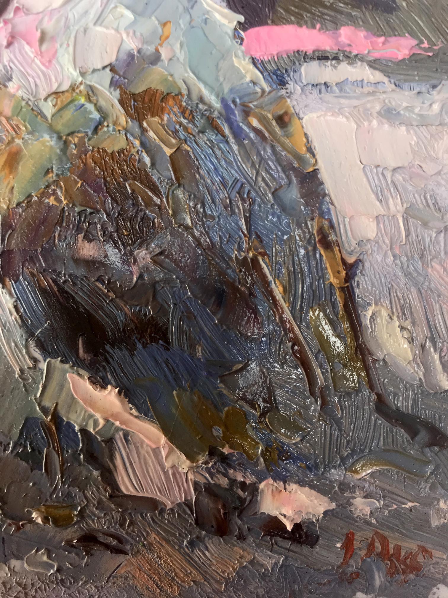Moonlit frosty night oil painting by Oksana Ivanyuk with impasto brushstrokes