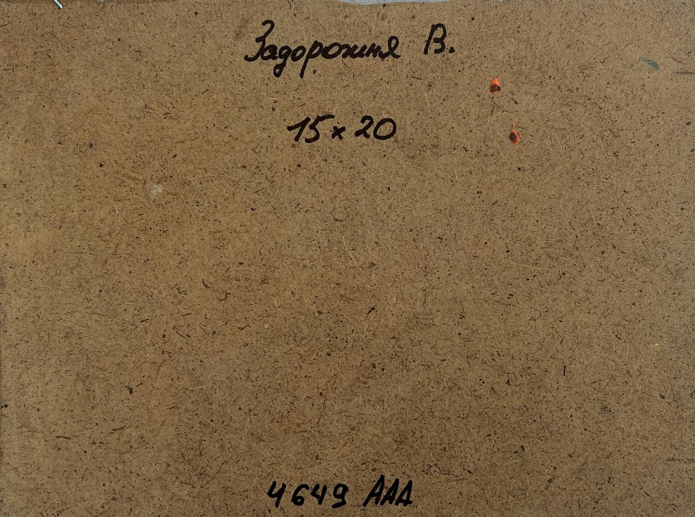Back of oil painting Pink gentle sunset V. Zadorozhnya with brown cardboard, handwritten inscription and numerical markings