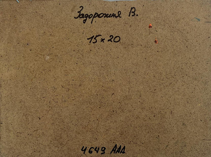 Back of oil painting Pink gentle sunset V. Zadorozhnya with brown cardboard, handwritten inscription and numerical markings
