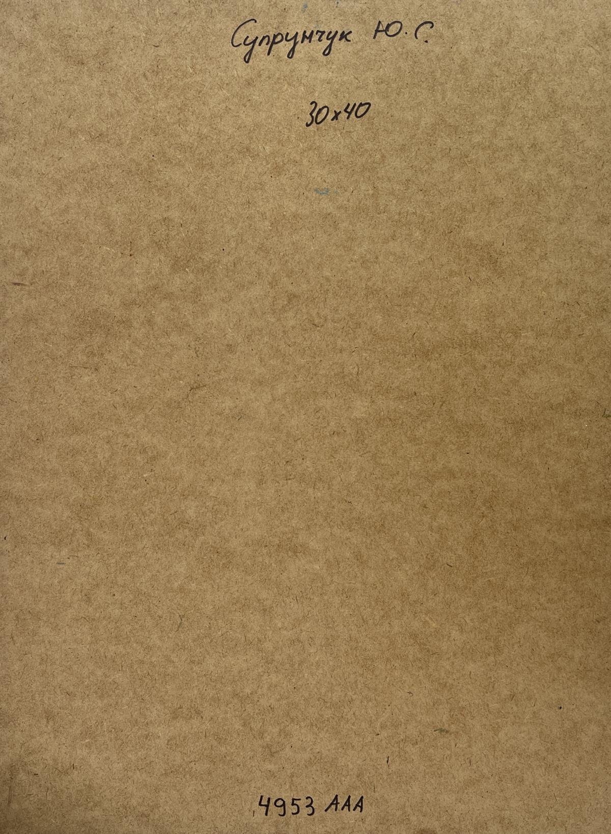 Back of Yuriy Suprunchuk oil painting Old house in the city: brown textured paper with Cyrillic text