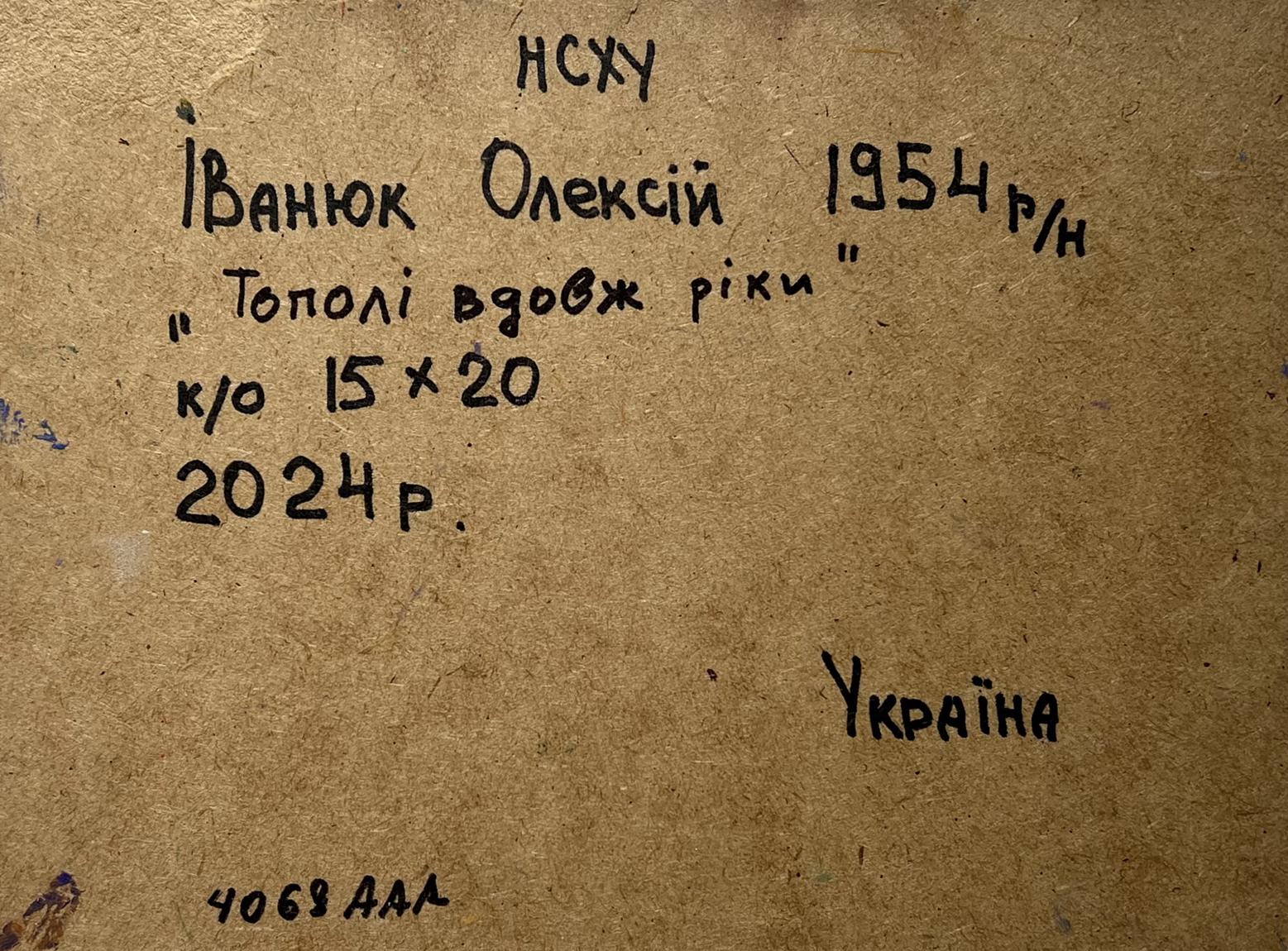 Back of Oleksiy Ivanyuk oil painting City along the river: Ukrainian handwritten inscription on brown cardboard
