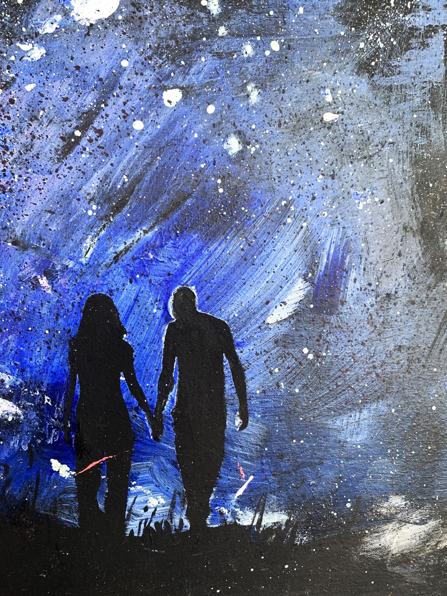 Oil painting Love night Tatyana Derdey: man and woman silhouettes holding hands on cosmic blue background