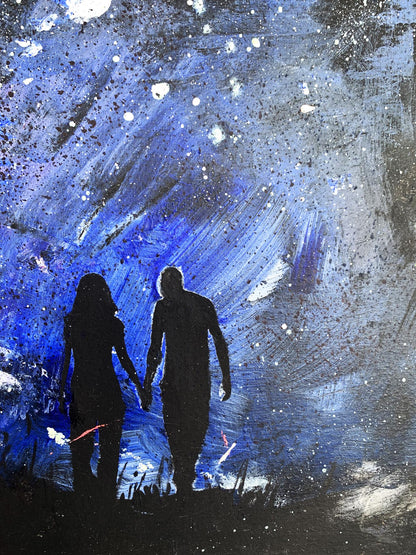 Oil painting Love night Tatyana Derdey: man and woman silhouettes holding hands on cosmic blue background