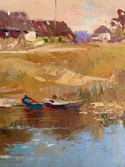 Impressionistic oil painting of village life boats on calm water by Yuriy Suprunchuk